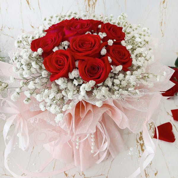 Red Rose Bouquet Fresh Flowers - Classic 9 (Columbia Roses) - Rainbowly Fresh Fruit Gift and Flower Arrangments