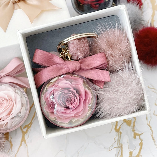 Charming Pink - Everlasting Flower Charm Keychain (Real Preserved Roses and Dried Flowers Charm for Bags) - Rainbowly Fresh Fruit Gift and Flower Arrangments