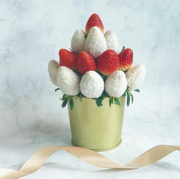 Christmas Special: Red & White Fiesta - Fresh Fruit Arrangement Pot with Chocolate Coated Strawberries - Rainbowly Fresh Fruit Gift and Flower Arrangments