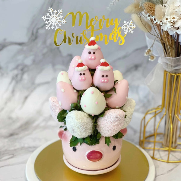 Christmas Special- Three Little Pigs | Fresh Fruit Arrangement with Chocolate Dipped Strawberry Animal Pot - Rainbowly Fresh Fruit Gift and Flower Arrangments