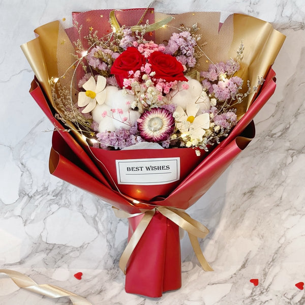 Everlasting Rose Flower Bouquet (Real Preserved Roses and Dried Flowers)(Limited Stocks) - Rainbowly Fresh Fruit Gift and Flower Arrangments