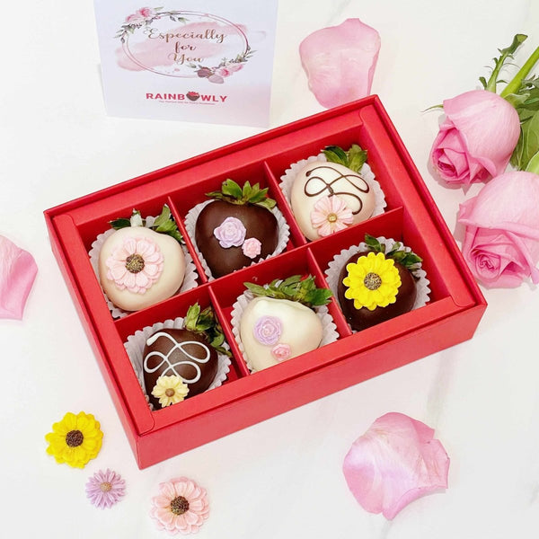 Flower Chocolate Coated Strawberries with (Edible Gift Box of 6) - Rainbowly Fresh Fruit Gift and Flower Arrangments