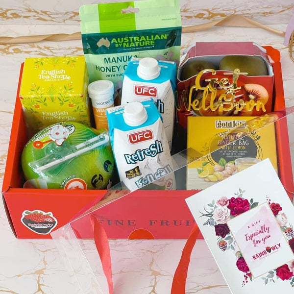 Get Well Soon Gift Box | Covid Care Package Gift Hamper Delivery - Rainbowly Fresh Fruit Gift and Flower Arrangments