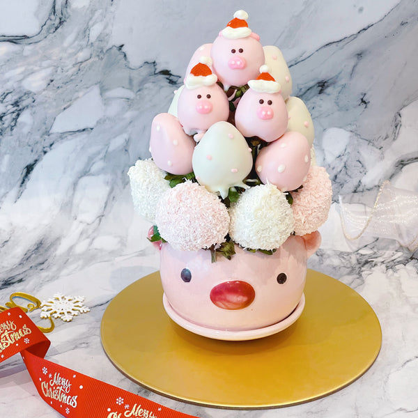 Christmas Special- Three Little Pigs | Fresh Fruit Arrangement with Chocolate Dipped Strawberry Animal Pot - Rainbowly Fresh Fruit Gift and Flower Arrangments