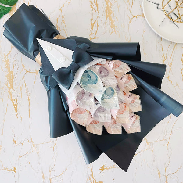 Gentleman Money Bouquet for Him (Custom Amount, Cash Notes Not inclusive) | Gift for Him Ideas (1 day pre-order) - Rainbowly Fresh Fruit Gift and Flower Arrangments