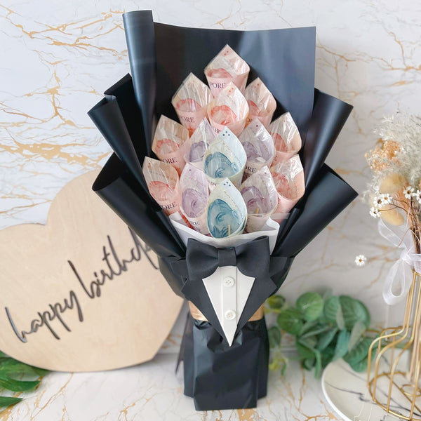 Gentleman Money Bouquet for Him (Custom Amount, Cash Notes Not inclusive) | Gift for Him Ideas (1 day pre-order) - Rainbowly Fresh Fruit Gift and Flower Arrangments