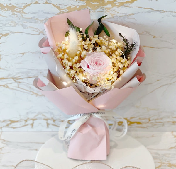 Lovely Pink - Everlasting Flower Bouquet (Real Preserved Roses and Dried Flowers) - Rainbowly Fresh Fruit Gift and Flower Arrangments