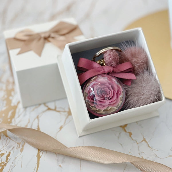 Mother's Day Bundle Deal- Charming Pink Preserved Rose Keychain + Healthier Love Fresh Fruit Arrangement Pot with Chocolate Coated Strawberries - Rainbowly Fresh Fruit Gift and Flower Arrangments