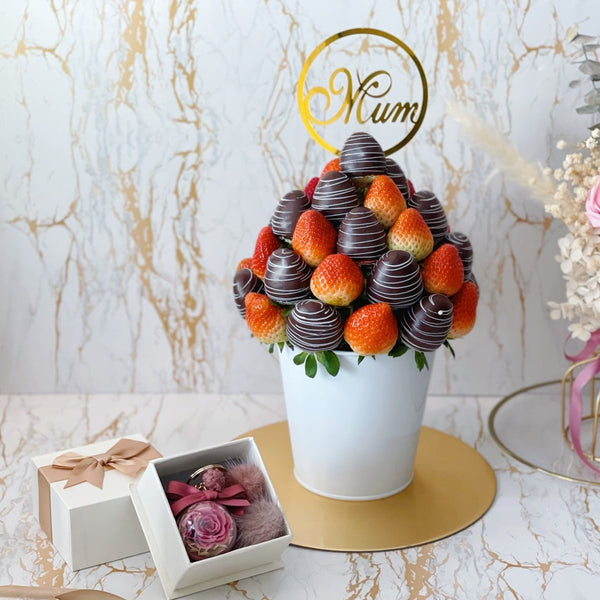 Mother's Day Bundle Deal- Charming Pink Preserved Rose Keychain + Healthier Love Fresh Fruit Arrangement Pot with Chocolate Coated Strawberries - Rainbowly Fresh Fruit Gift and Flower Arrangments