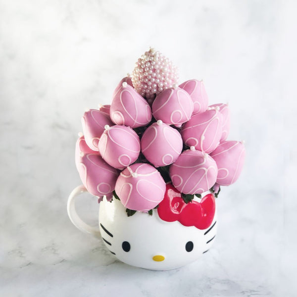 Pink Kitty Strawberry Bouquet Fresh Fruit Arrangement with Chocolate Coated Strawberries (Hello Kitty Inspired) - Rainbowly Fresh Fruit Gift and Flower Arrangments