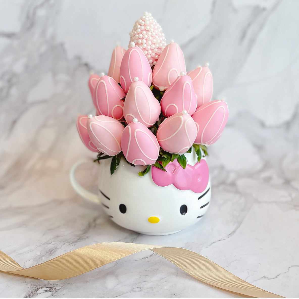 Pink Kitty Strawberry Bouquet Fresh Fruit Arrangement with Chocolate Coated Strawberries (Hello Kitty Inspired) - Rainbowly Fresh Fruit Gift and Flower Arrangments