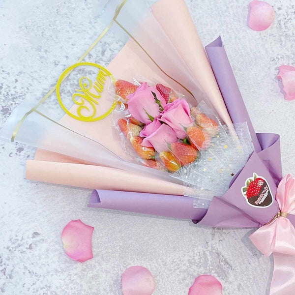 Pure Love Bouquet Fresh Fruit Strawberry with Flower Rose Arrangement - Rainbowly Fresh Fruit Gift and Flower Arrangments