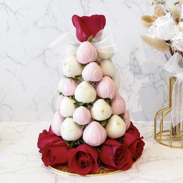 True Bliss Strawberry Tower | Fresh Fruit Arrangement with Chocolate Dipped Strawberry & Rose Flower Arrangements - Rainbowly Fresh Fruit Gift and Flower Arrangments