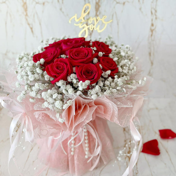 Red Rose Bouquet Fresh Flowers - Classic 9 (Columbia Roses) - Rainbowly Fresh Fruit Gift and Flower Arrangments