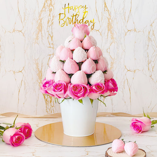 Fruit Bouquet - Forever Love Chocolate Dipped Strawberry with Rose Flower Arrangement ( 2 days Pre-Order) - Rainbowly Fresh Fruit Gift and Flower Arrangments