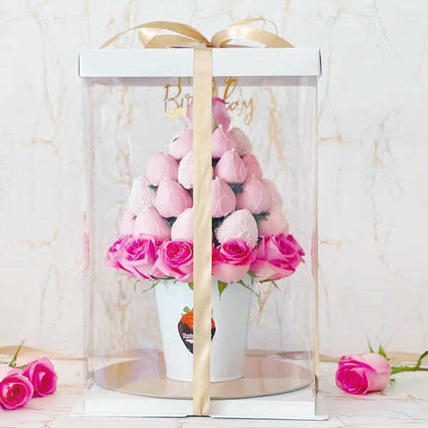 Fruit Bouquet - Forever Love Chocolate Dipped Strawberry with Rose Flower Arrangement ( 2 days Pre-Order) - Rainbowly Fresh Fruit Gift and Flower Arrangments