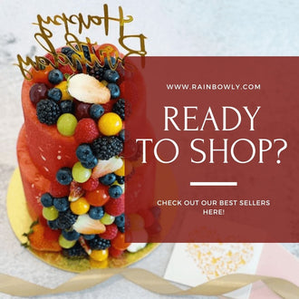 Rainbowly Shop banner with watermelon cake and happy birthday topper