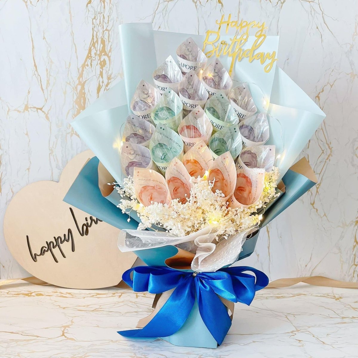 $100 Dollar Thoughts for HIM - Luxury Cash Money Bouquet(1 Day Pre-order, Cash Notes Included) - Rainbowly Fresh Fruit Gift and Flower Arrangments