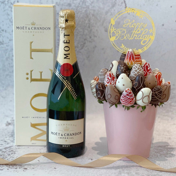 Bundle Deal- Moet Brut Champagne & All About You - Fresh Chocolate Dipped Strawberry Fruit Bouquet Arrangement Pot - Rainbowly Fresh Fruit Gift and Flower Arrangments