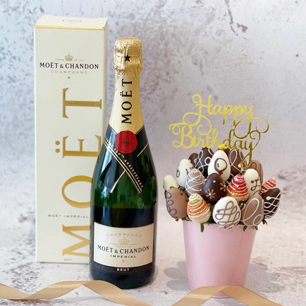 Bundle Deal- Moet Brut Champagne & All About You - Fresh Chocolate Dipped Strawberry Fruit Bouquet Arrangement Pot - Rainbowly Fresh Fruit Gift and Flower Arrangments