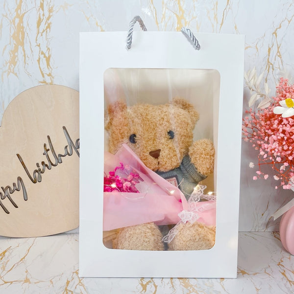 Classic Teddy Bear and Flowers (Includes Mini Dried Preserved Flower Bouquet) - Rainbowly Fresh Fruit Gift and Flower Arrangments