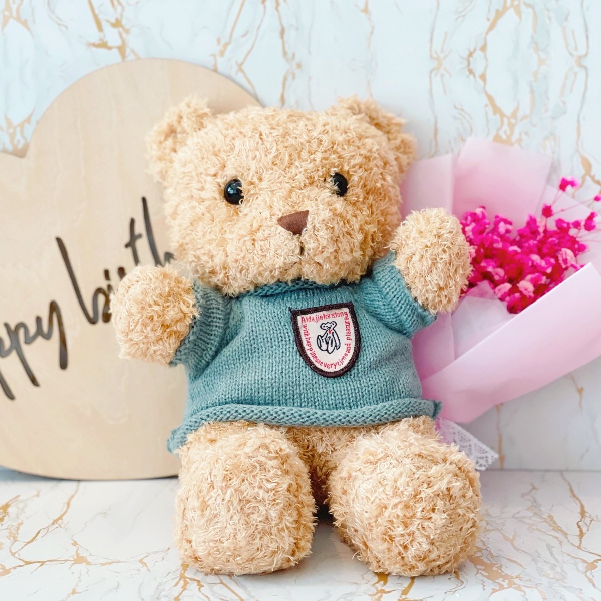 Classic Teddy Bear and Flowers (Includes Mini Dried Preserved Flower Bouquet) - Rainbowly Fresh Fruit Gift and Flower Arrangments