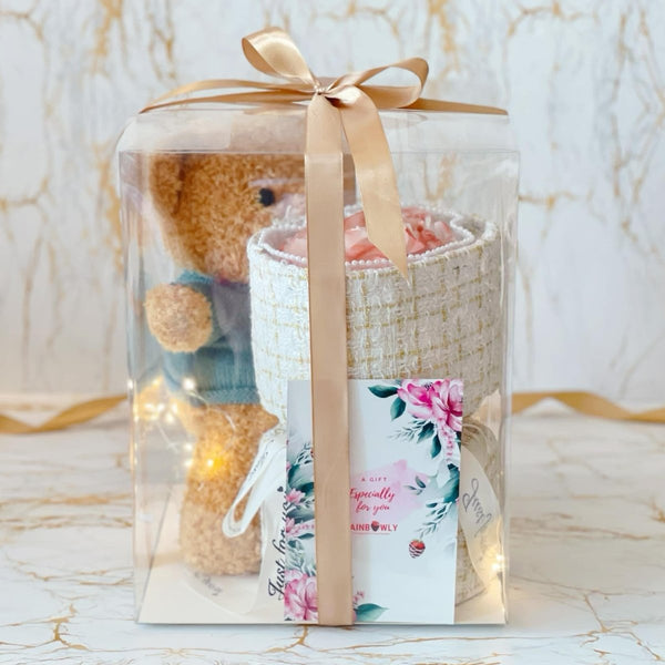 Classic Teddy Bear and Flowers (Includes Mini Soap Flower Bouquet) - Rainbowly Fresh Fruit Gift and Flower Arrangments
