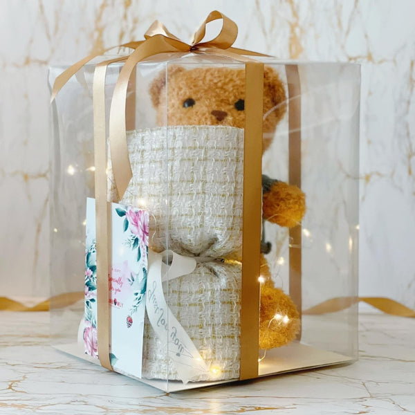 Classic Teddy Bear and Flowers (Includes Mini Soap Flower Bouquet) - Rainbowly Fresh Fruit Gift and Flower Arrangments