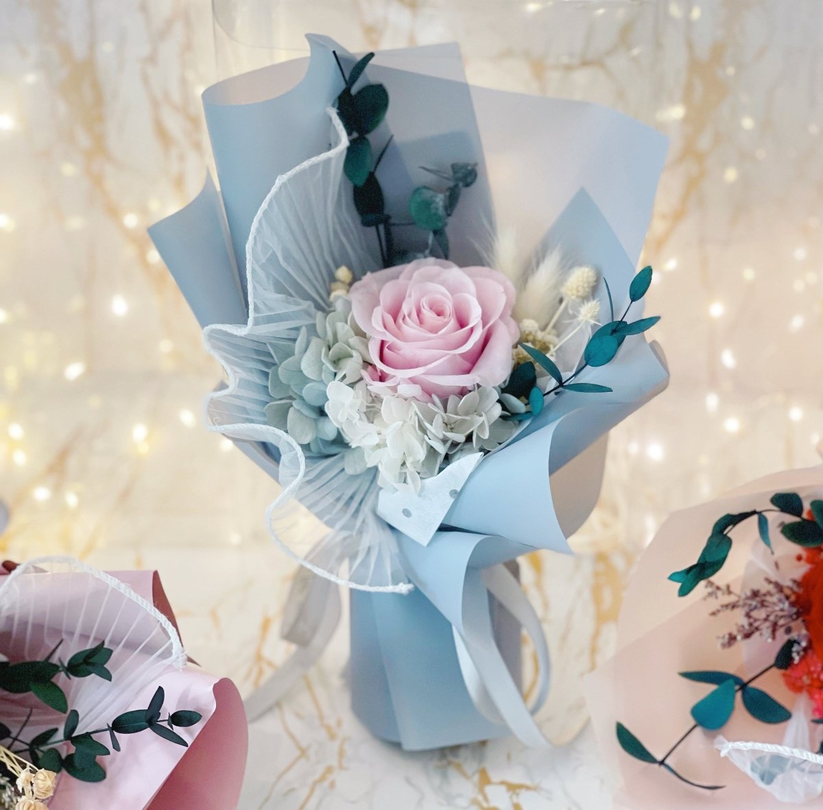 Darling Pink - Everlasting Flower Bouquet (Real Preserved Roses and Dried Flowers) - Rainbowly Fresh Fruit Gift and Flower Arrangments