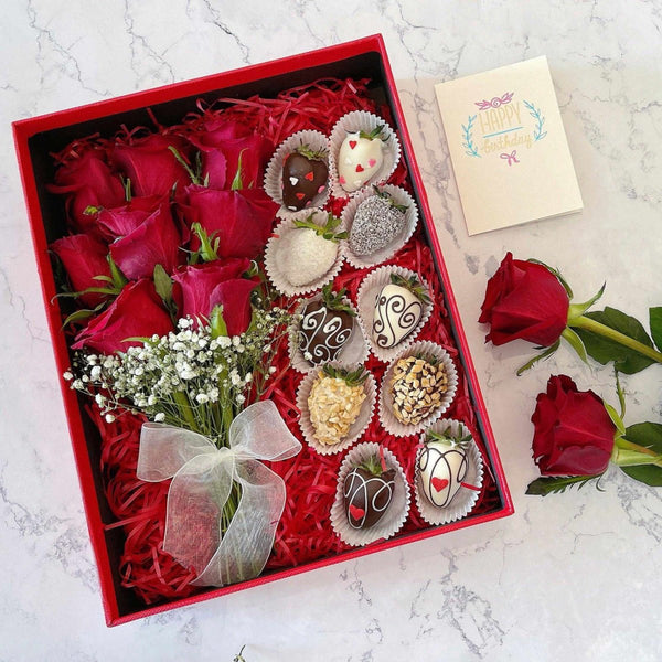 Double Love Chocolate Coated Strawberry & Rose Flower Bouquet Fruit Gift Box(1 day advance) - Rainbowly Fresh Fruit Gift and Flower Arrangments