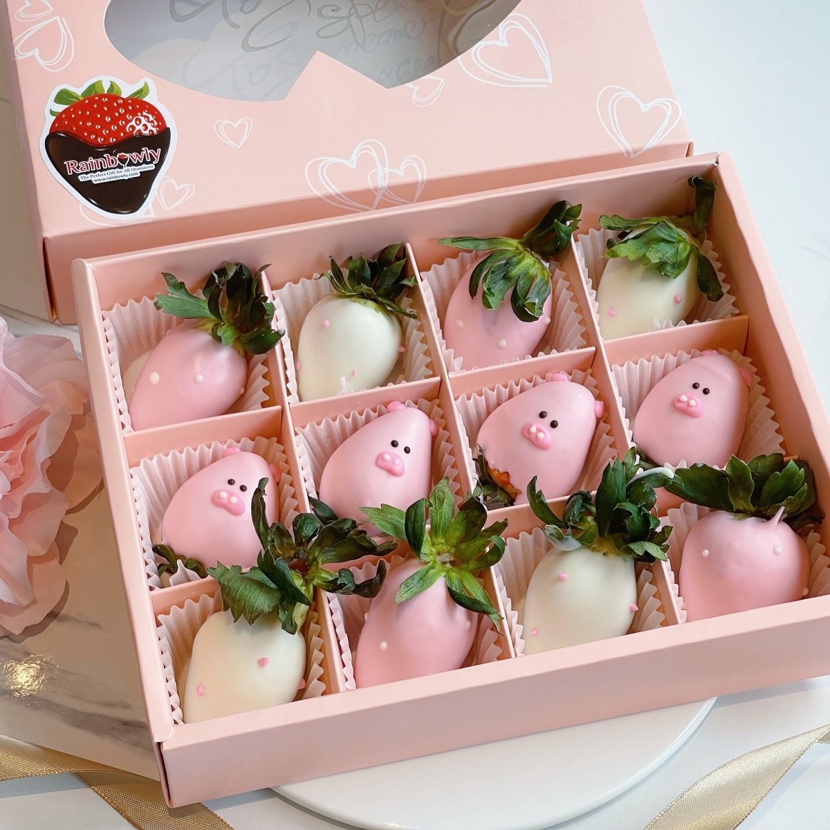 Dozen Piggies Themed Chocolate Coated Strawberries - Rainbowly Fresh Fruit Gift and Flower Arrangments