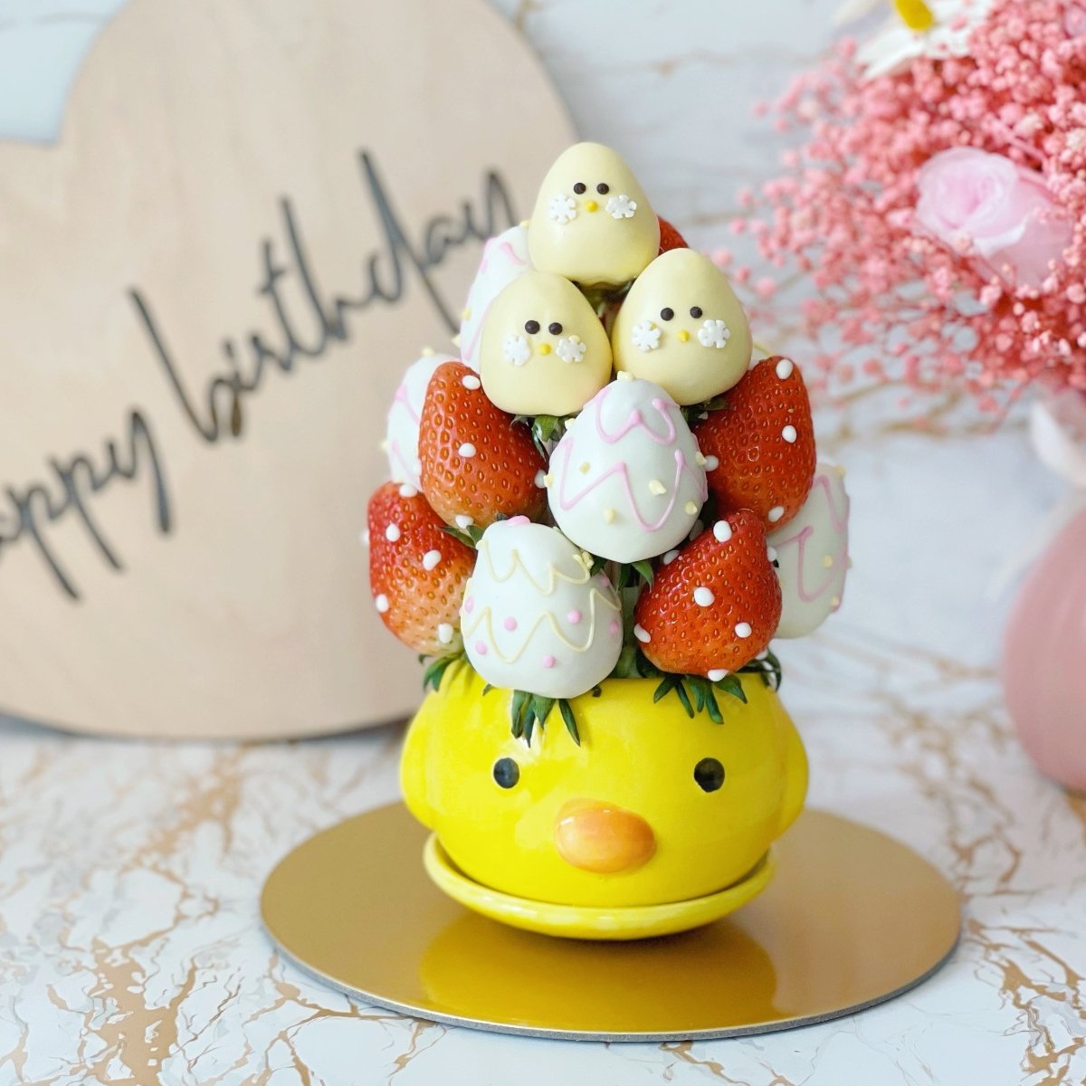 Easter Chicks Fruit Pot | Fresh Fruit Arrangement with Chocolate Dipped Strawberry Animal Hamper - Rainbowly Fresh Fruit Gift and Flower Arrangments