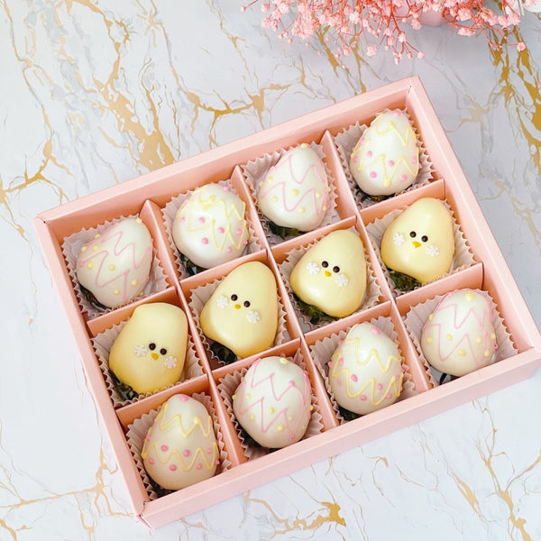 Easter Gift - Chicky Dozen Chocolate Coated Strawberry Fruit Gift Box - Rainbowly Fresh Fruit Gift and Flower Arrangments
