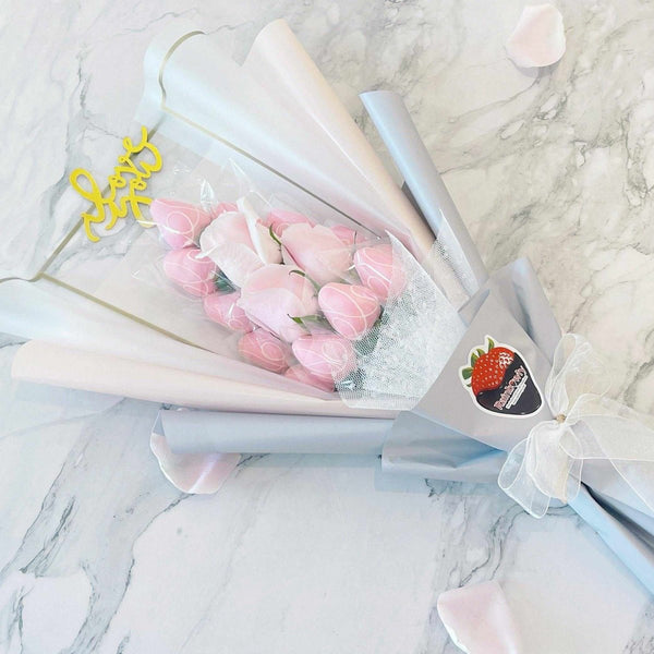 Flower Bouquet - Pinky Wish Chocoberry | Chocolate Dipped Strawberry Fresh Fruit Arrangement with Rose Flower Bouquet - Rainbowly Fresh Fruit Gift and Flower Arrangments