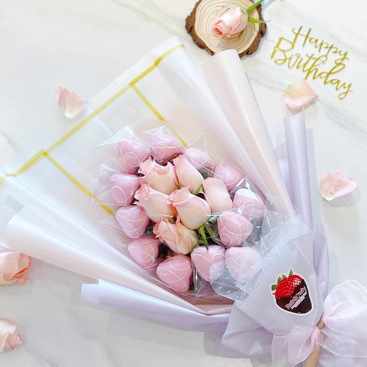 Flower Bouquet - Pinky Wish Chocoberry | Chocolate Dipped Strawberry Fresh Fruit Arrangement with Rose Flower Bouquet - Rainbowly Fresh Fruit Gift and Flower Arrangments