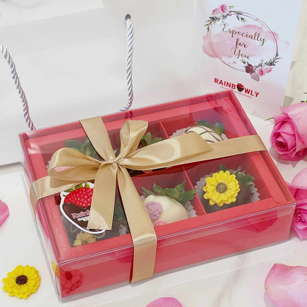 Flower Chocolate Coated Strawberries with (Edible Gift Box of 6) - Rainbowly Fresh Fruit Gift and Flower Arrangments