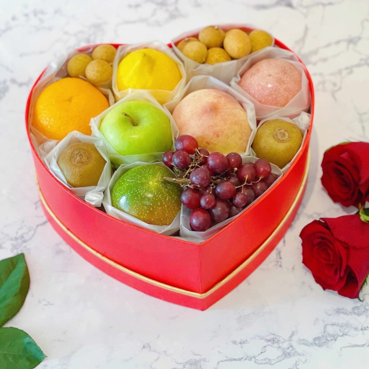 Fresh Fruits Heart Box | Fresh Fruit Hamper | Fruit Basket Delivery Option - Rainbowly Fresh Fruit Gift and Flower Arrangments
