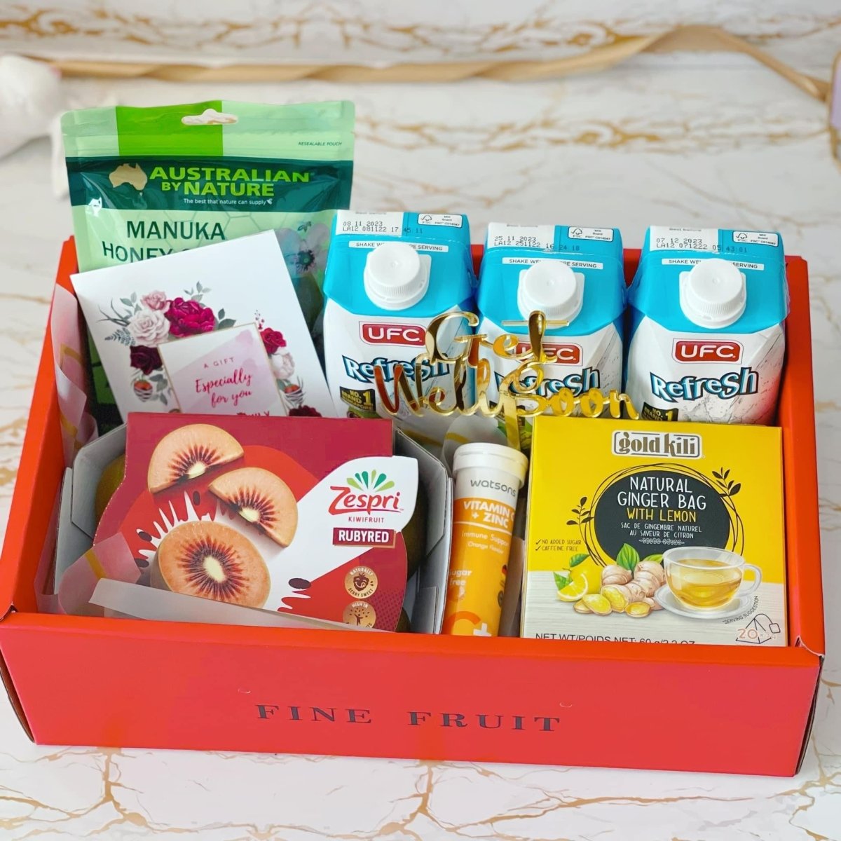 Get Well Soon Gift Box | Covid Care Package Gift Hamper Delivery - Rainbowly Fresh Fruit Gift and Flower Arrangments