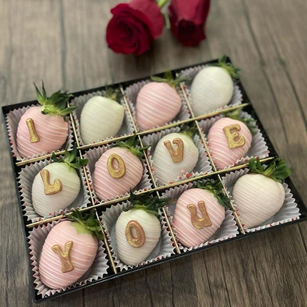I LOVE YOU - Gift Box of A Dozen Chocolate Coated Strawberry (Pink Gift Box only) - Rainbowly Fresh Fruit Gift and Flower Arrangments