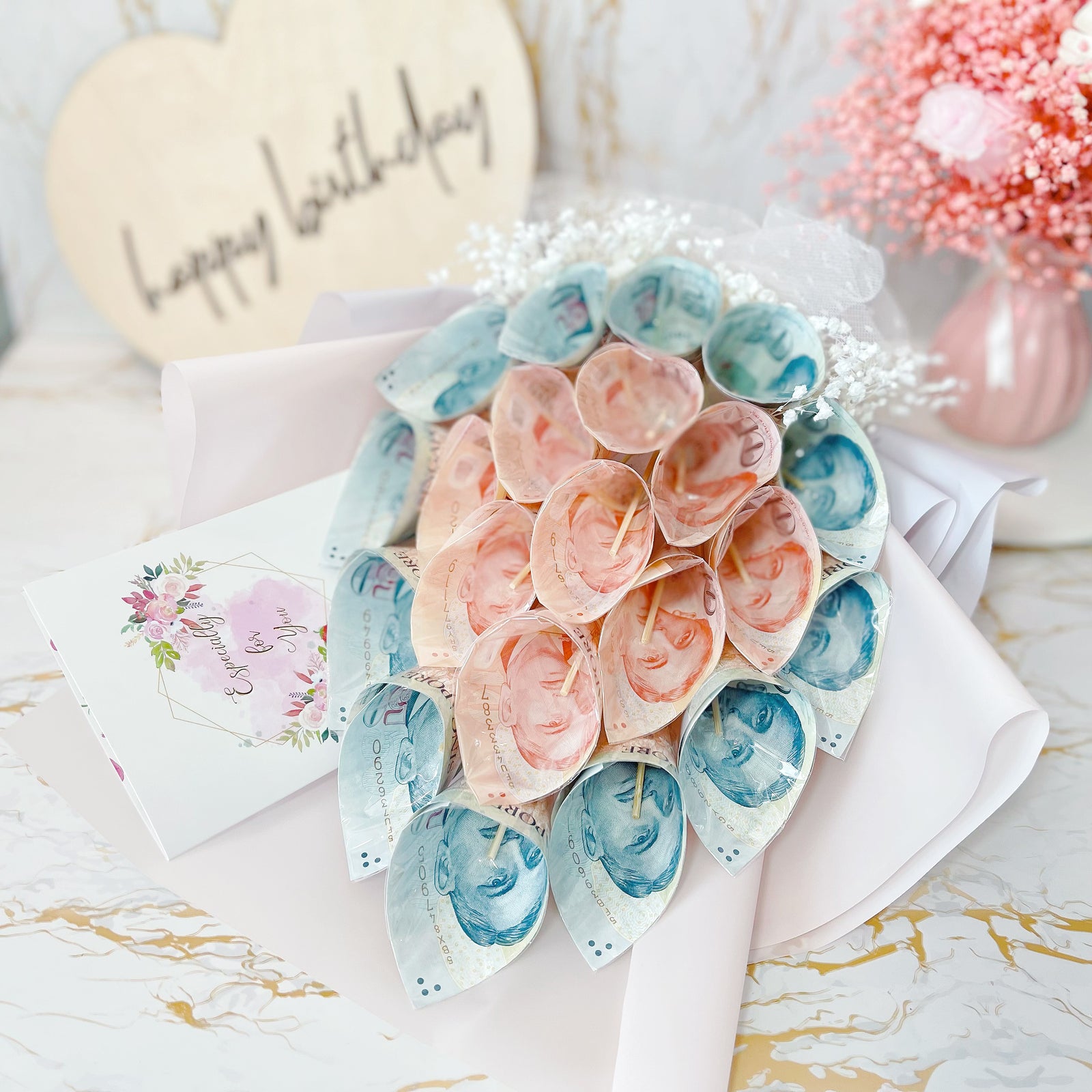Luxury Cash Money Bouquet Gift for Her (Custom Amount, Bank Note Not Inclusive)(1 day advance order) - Rainbowly Fresh Fruit Gift and Flower Arrangments
