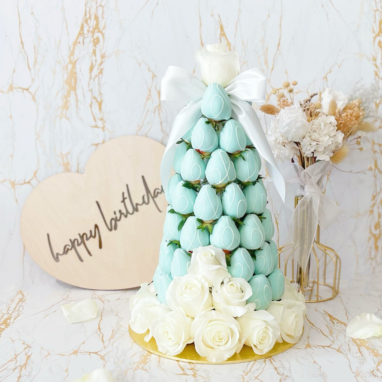 Tiffany Blue Strawberry Tower | Fresh Fruit Arrangement with Chocolate Dipped Strawberry & Rose Flower Arrangements - Rainbowly Fresh Fruit Gift and Flower Arrangments