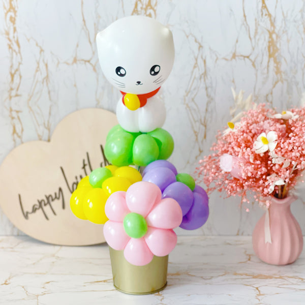 Balloon Flower Bouquet with Kitty Cat - Rainbowly Fresh Fruit Gift and Flower Arrangments