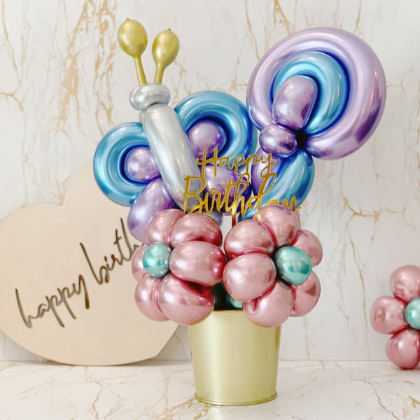 Balloon Flower Bouquet with Butterfly and Lollipop - Rainbowly Fresh Fruit Gift and Flower Arrangments