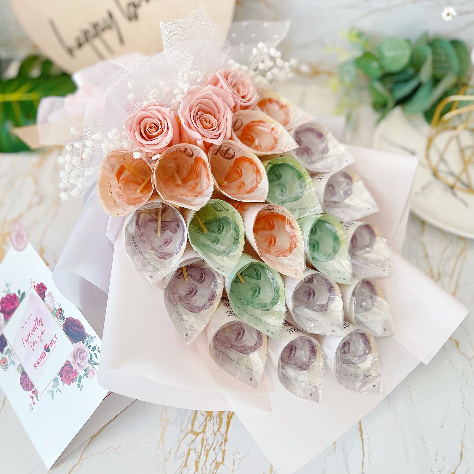 $100 Dollar Thoughts - Luxury Cash Money Bouquet - Rainbowly Fresh Fruit Gift and Flower Arrangments