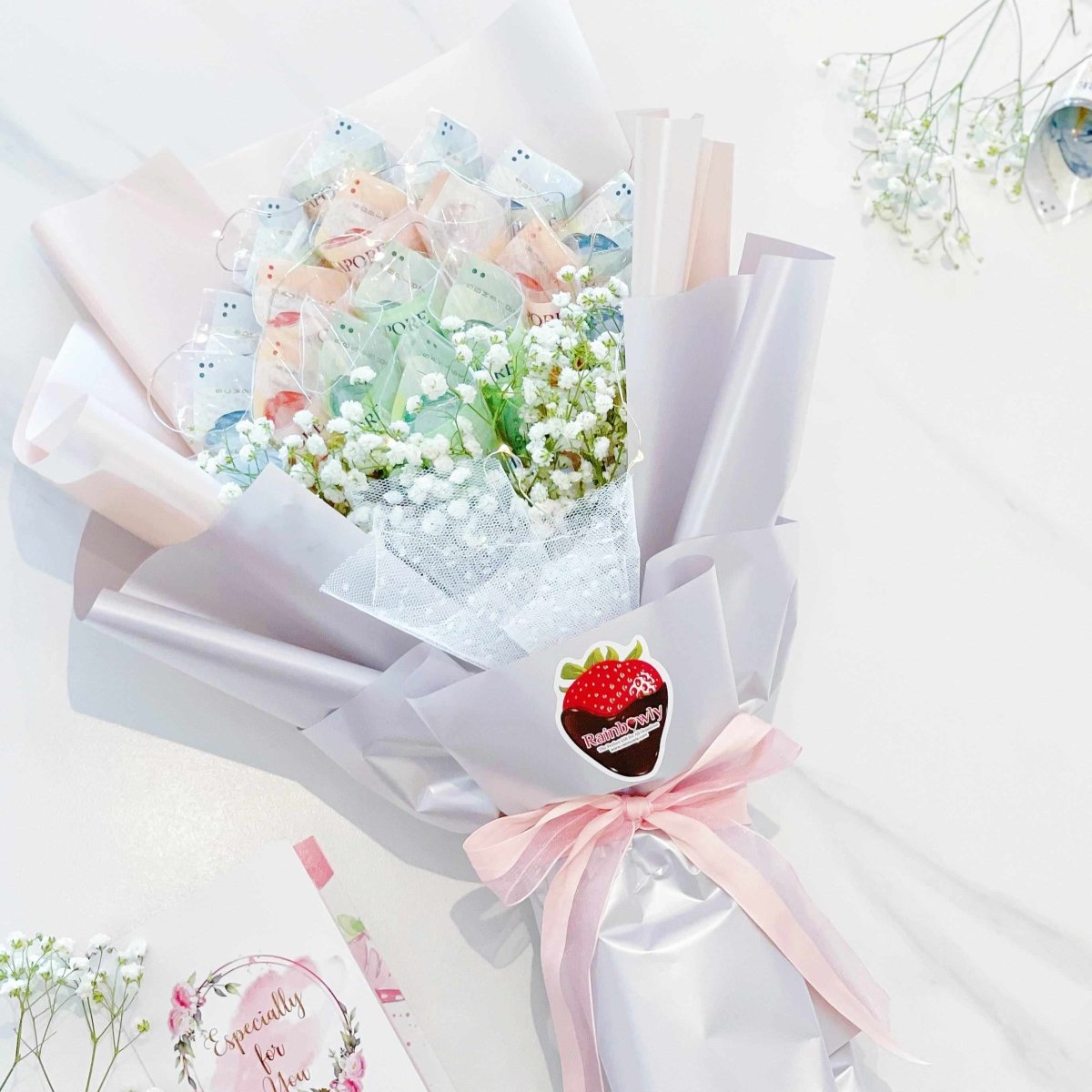Luxury Cash Money Bouquet Gift for Her (Custom Amount, Bank Note Not Inclusive)(1 day advance order) - Rainbowly Fresh Fruit Gift and Flower Arrangments