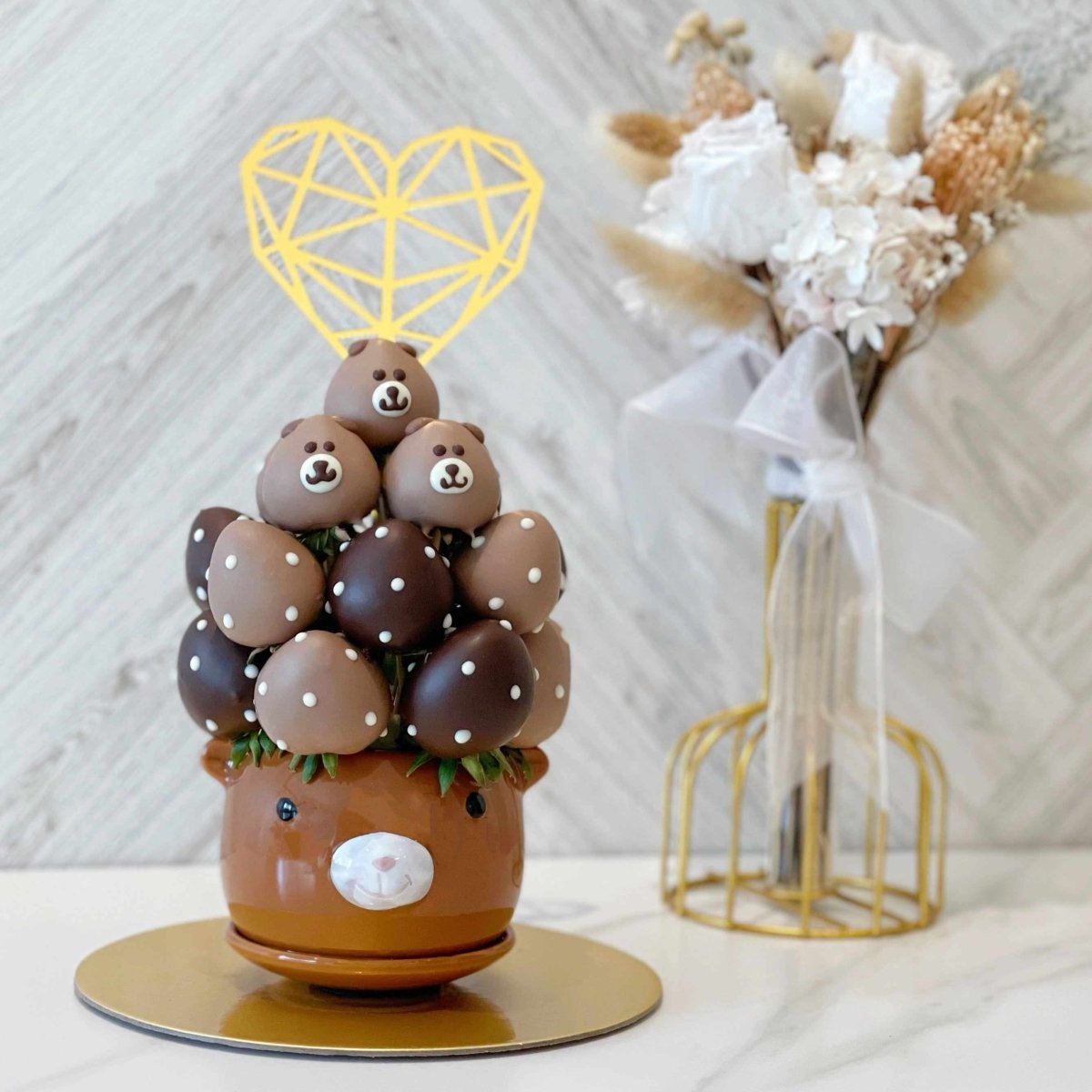 More Love than You Can Bear | Fresh Fruit Arrangement with Chocolate Dipped Strawberry Animal Pot - Rainbowly Fresh Fruit Gift and Flower Arrangments