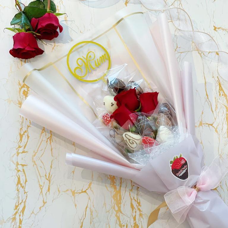 Mother's Day - Amazing You - Chocolate Coated Strawberry Fruit Flower Bouquet (With Red Roses add on option) - Rainbowly Fresh Fruit Gift and Flower Arrangments