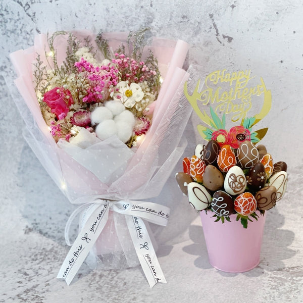 Mother's Day Bundle Deal - Everlasting & All About You - Fresh Chocolate Dipped Strawberry Fruit Bouquet Arrangement Pot (Random Topper) - Rainbowly Fresh Fruit Gift and Flower Arrangments
