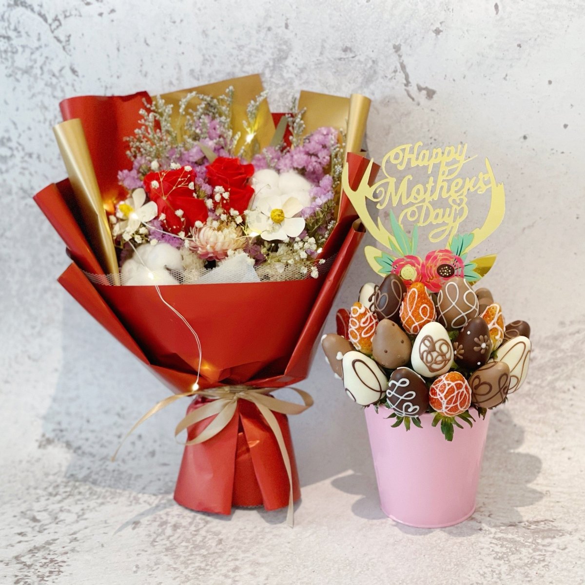Mother's Day Bundle Deal - Everlasting & All About You - Fresh Chocolate Dipped Strawberry Fruit Bouquet Arrangement Pot (Random Topper) - Rainbowly Fresh Fruit Gift and Flower Arrangments