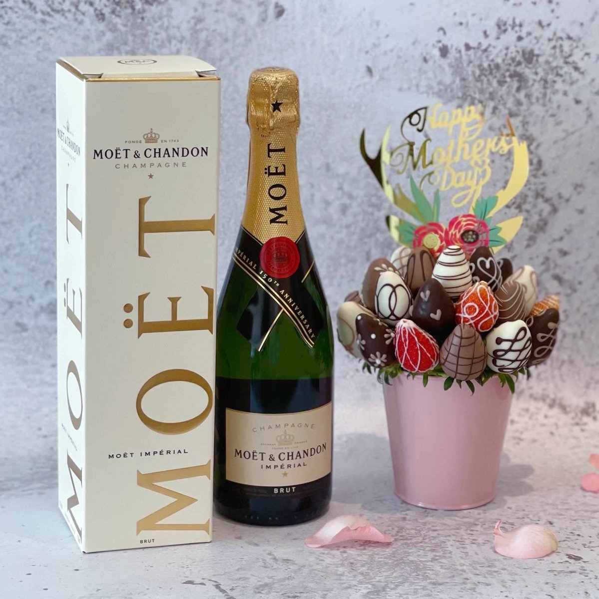 Mother's Day Bundle Deal - Moet Brut Champagne & All About You - Fresh Chocolate Dipped Strawberry Fruit Bouquet Arrangement Pot - Rainbowly Fresh Fruit Gift and Flower Arrangments